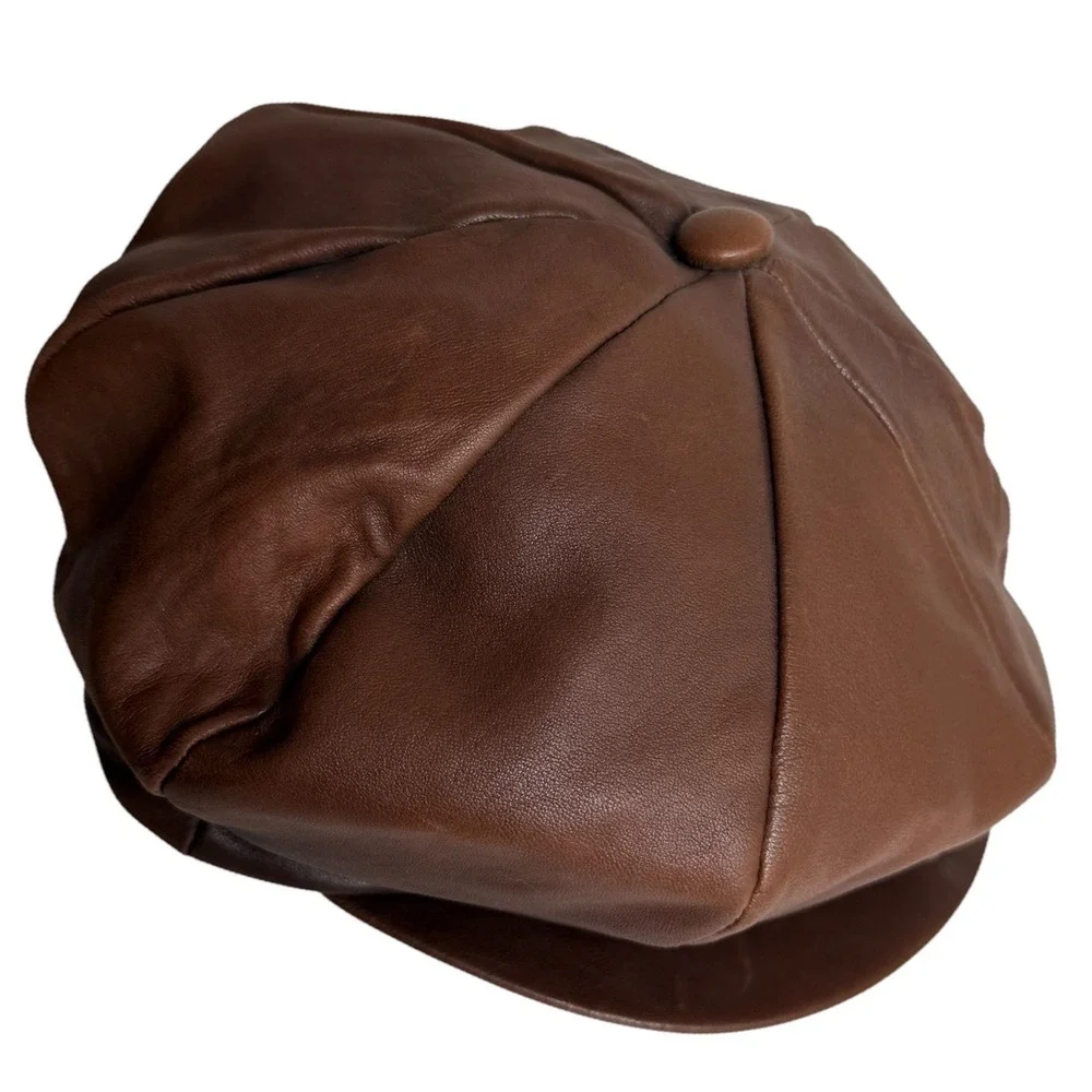 Vintage Dobbs Fifth Avenue Leather Newsboy Baker Boy Cap Brown USA M - Picture 4 of 16